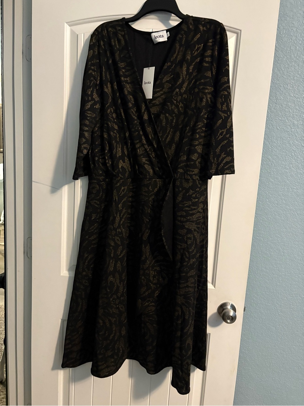 Leota Black Dress with Gold Leaf Pattern